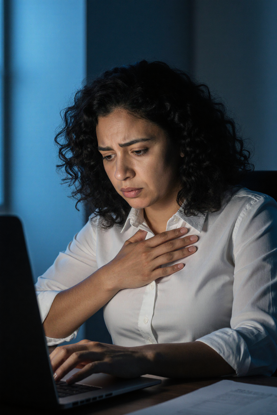 Mulher travada pela ansiedade no trabalho